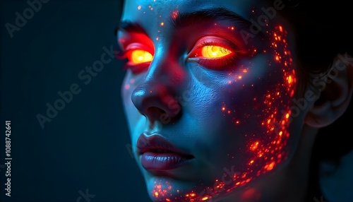 Minimalist surreal, abstract face with glowing, neon-like patterns