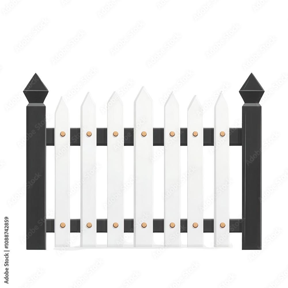 A charming white picket fence with black accents, ideal for garden and home decoration. A charming white picket fence with black accents, ideal for garden and home decoration.