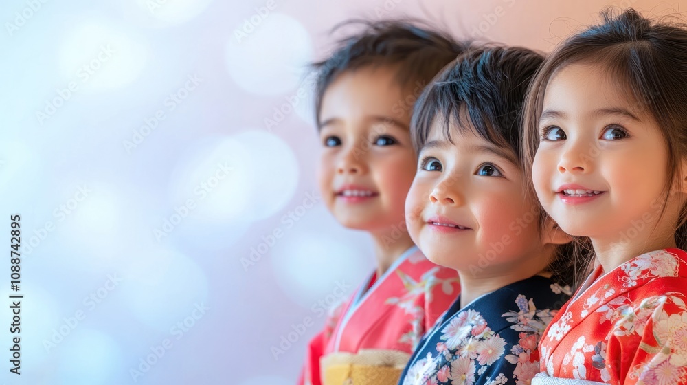 Three children in traditional kimonos smiling against a soft background. Three children in traditional kimonos smiling against a soft background.
