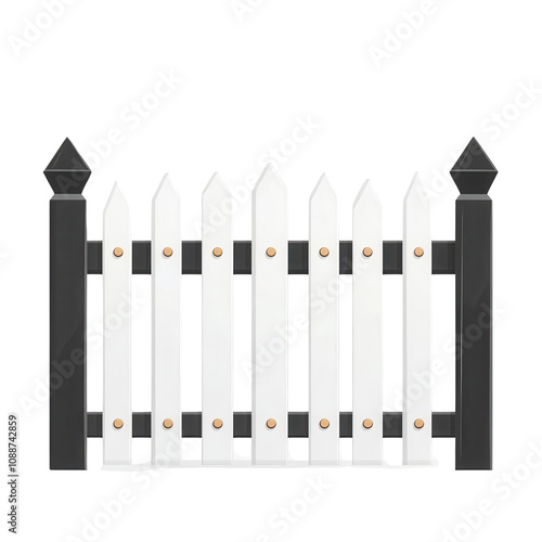 A charming white picket fence with black accents, ideal for garden and home decoration.