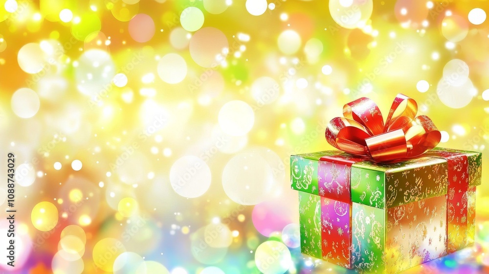 Fototapeta premium A colorful box with a red ribbon sits on a bright yellow background