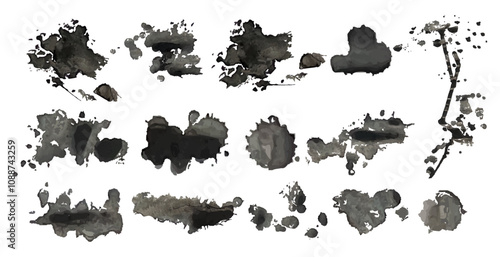 Ink stains and blots splashes set. Watercolor dark grunge stains collection.Black watercolor splashes texture. Grunge design element, dirty texture set. Vector illustration