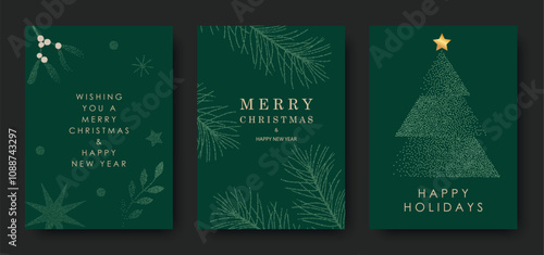 Merry Christmas and Happy New Year. Set of greeting cards, posters, flyers, brochure design. Christmas tree, snowflakes and stars, mistletoe on green background. Vector illustration.