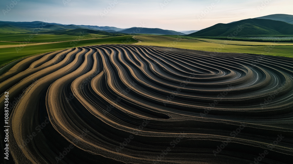 Aerial view of agricultural fields with wavy plowed patterns surrounded by green hills and mountains under a clear sky Aerial view of agricultural fields with wavy plowed patterns surrounded by green hills and mountains under a clear sky