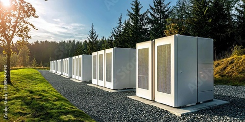 A row of modern energy storage units in a lush, green landscape, showcasing sustainable technology under a clear sky. photo