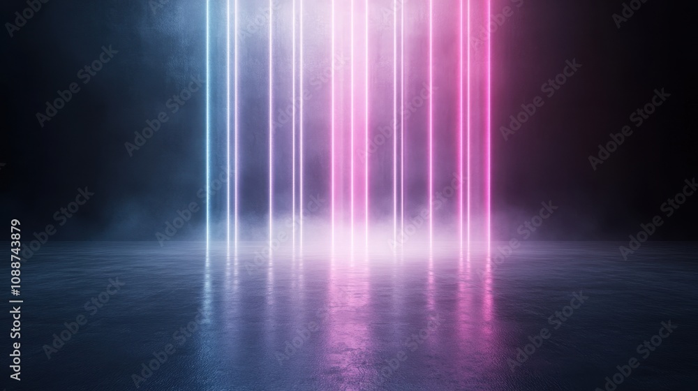 Abstract neon light beams in vibrant pink and blue create a futuristic atmosphere on a reflective surface with a dark background. Abstract neon light beams in vibrant pink and blue create a futuristic atmosphere on a reflective surface with a dark background.