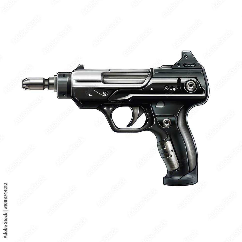 A sleek, modern handgun with a metallic finish, designed for tactical use and showcasing advanced firearm technology. A sleek, modern handgun with a metallic finish, designed for tactical use and showcasing advanced firearm technology.