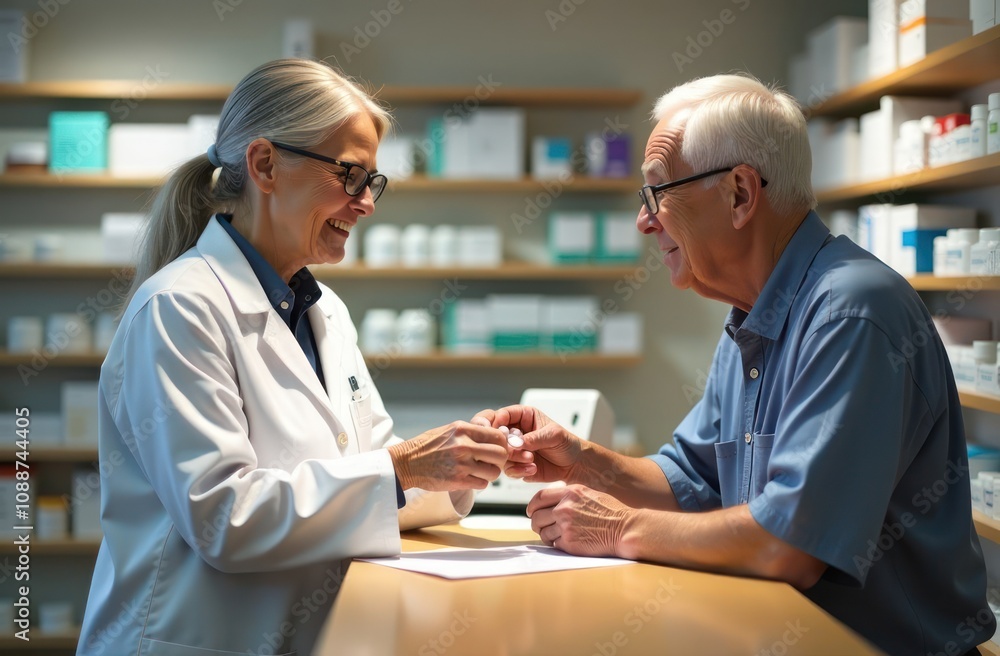 Obraz premium female pharmacist handing over medication to elderly male patient at pharmacy counter. healthcare, pharmacy work, customer service