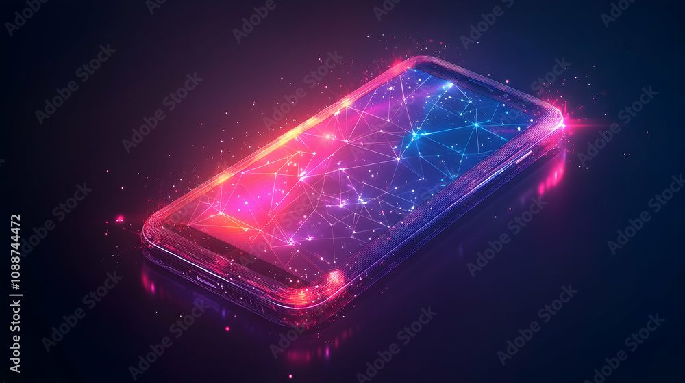 Fototapeta premium Abstract Neon Smartphone with Glowing Lines and a Geometric Pattern on a Dark Background