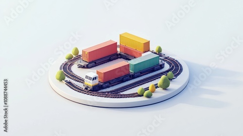 A miniature train set with colorful cargo containers on a circular track. photo