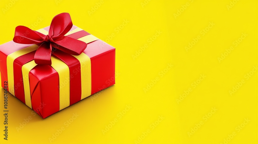 A red and yellow gift box with a red ribbon on top A red and yellow gift box with a red ribbon on top