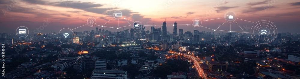 Fototapeta premium Skyline montage with smart services, icons, and internet of things concepts, early morning sunrise scene with smart services and icons.
