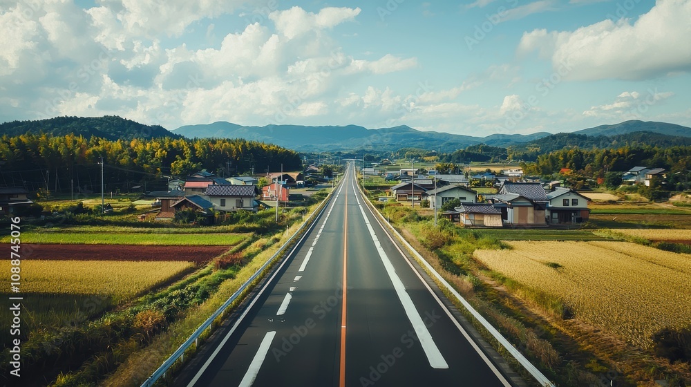 Serene Country Road in Rural Landscape Surrounded by Lush Green Fields and Idyllic Homes Under a Blue Sky with Fluffy Clouds, Perfect for Nature and Travel Themes Serene Country Road in Rural Landscape Surrounded by Lush Green Fields and Idyllic Homes Under a Blue Sky with Fluffy Clouds, Perfect for Nature and Travel Themes