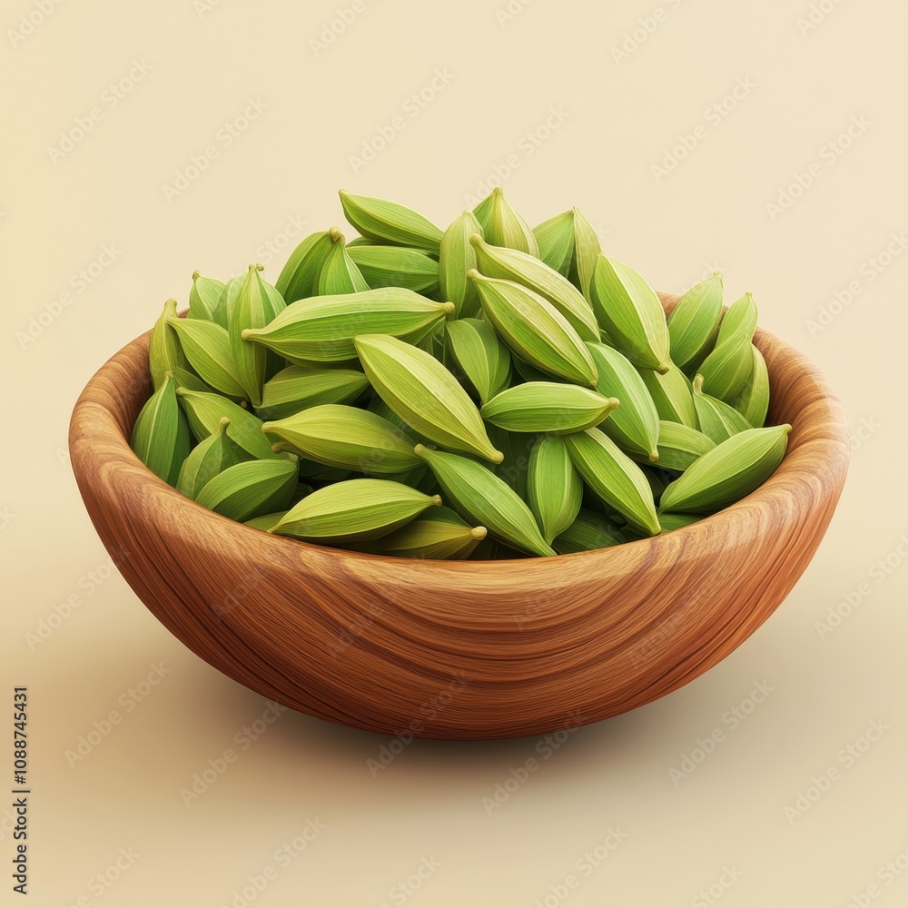 Fresh Green Cardamom Pods in Rustic Wooden Bowl Fresh Green Cardamom Pods in Rustic Wooden Bowl