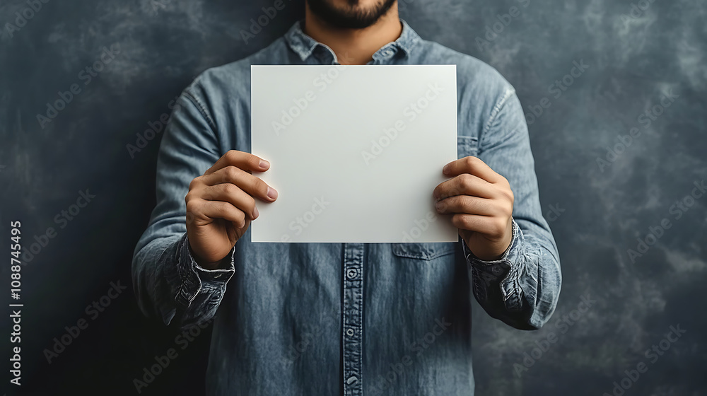 Invitation mockup with male hands holding a blank flyer against a gray background. created with Generative AI technology Invitation mockup with male hands holding a blank flyer against a gray background. created with Generative AI technology