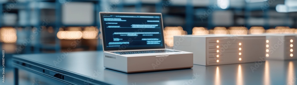 A modern workstation featuring an open laptop displaying code, surrounded by storage units, set in a tech-focused environment. A modern workstation featuring an open laptop displaying code, surrounded by storage units, set in a tech-focused environment.