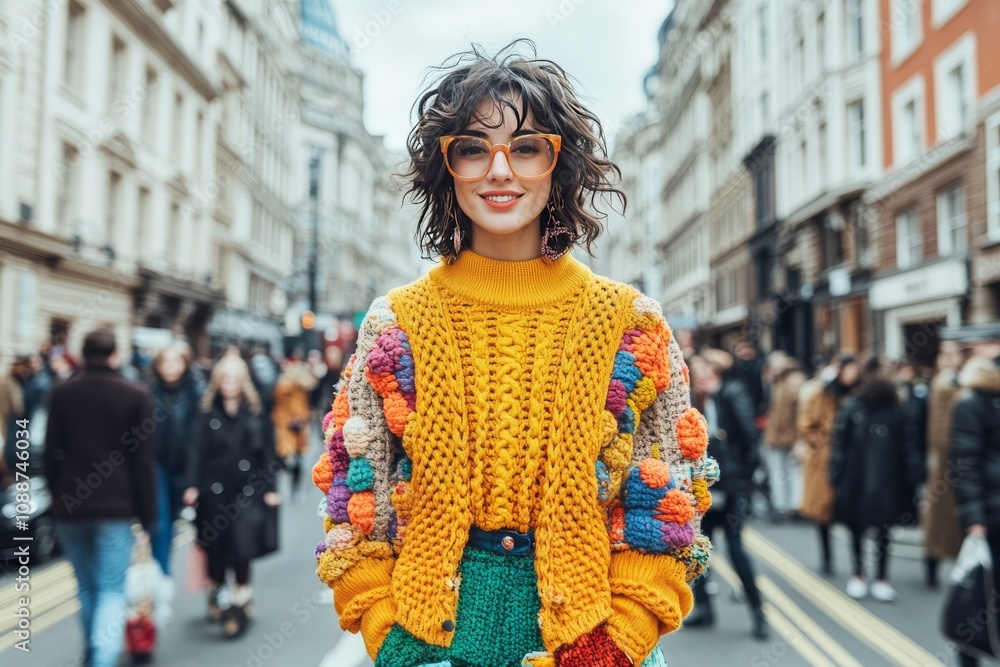 A casually chic woman, standing in a bustling street. Generative AI A casually chic woman, standing in a bustling street. Generative AI