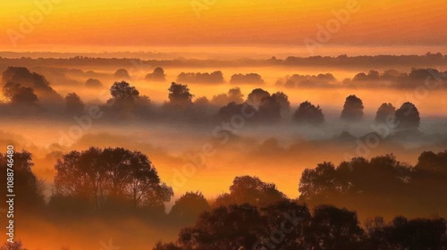 Golden Sunrise Over Foggy Autumnal Woodland