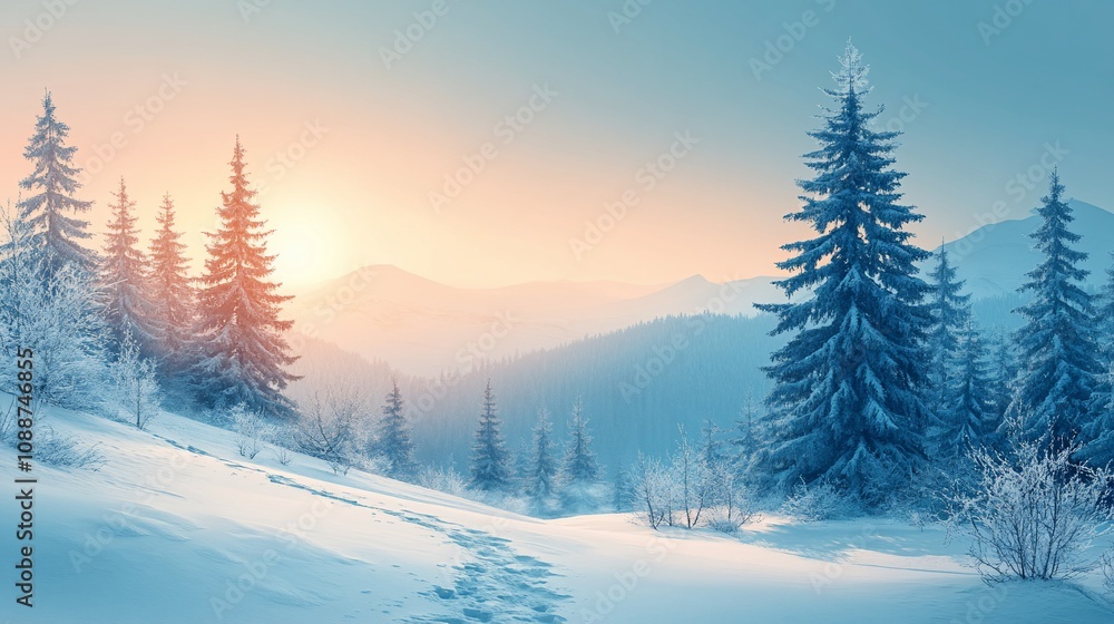 Snowy mountain landscape at sunrise, snow-covered fir trees, footprints in the snow. Snowy mountain landscape at sunrise, snow-covered fir trees, footprints in the snow.