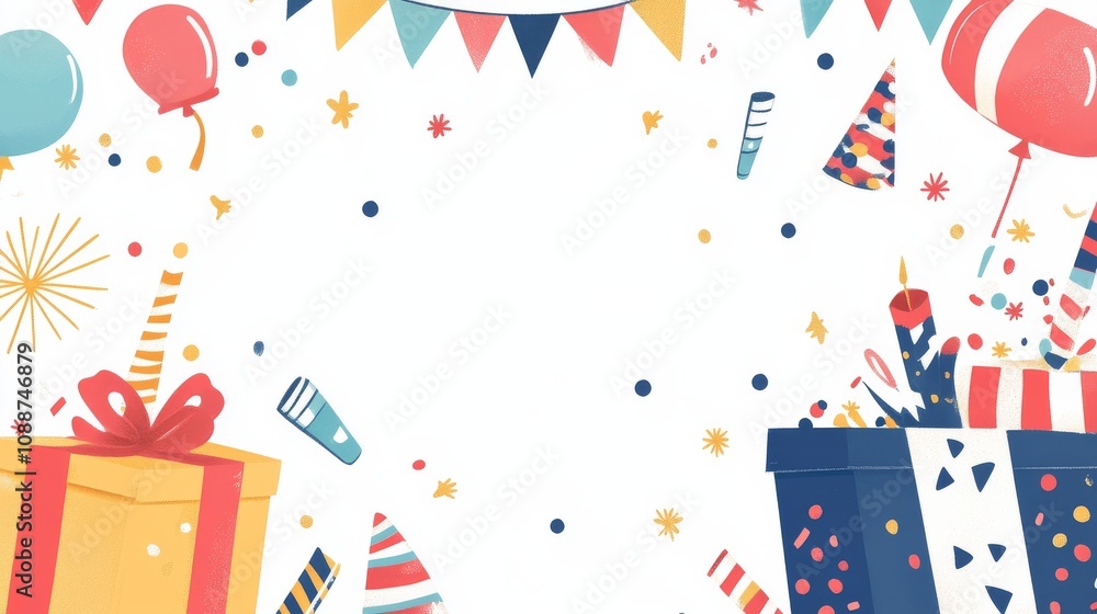 A colorful background with balloons, confetti, and a box with a ribbon on it A colorful background with balloons, confetti, and a box with a ribbon on it
