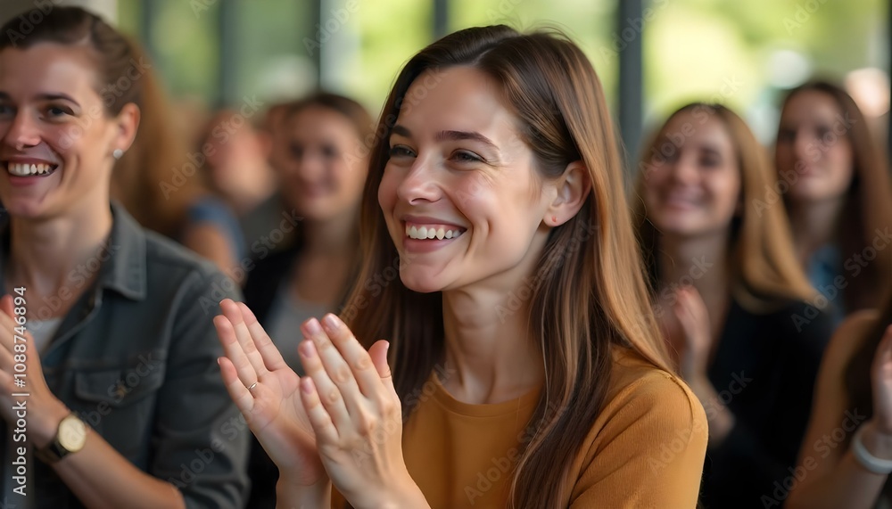 Crowd clapping, focus on happy woman at the front