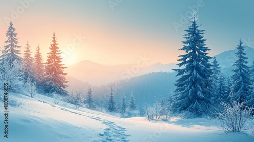 Wallpaper Mural Snowy mountain landscape at sunrise, snow-covered fir trees, footprints in the snow. Torontodigital.ca