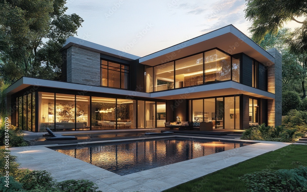 Luxury Modern House Design with Pool at Dusk Luxury Modern House Design with Pool at Dusk