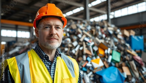 Man in a recycle warehouse with materials to be recycled photo