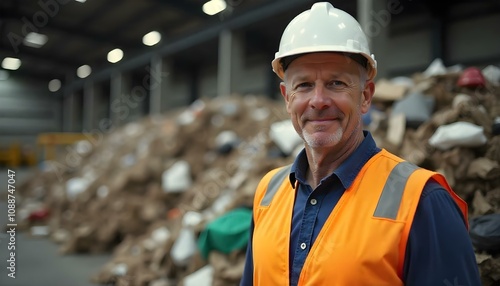 Man in a recycle warehouse with materials to be recycled photo