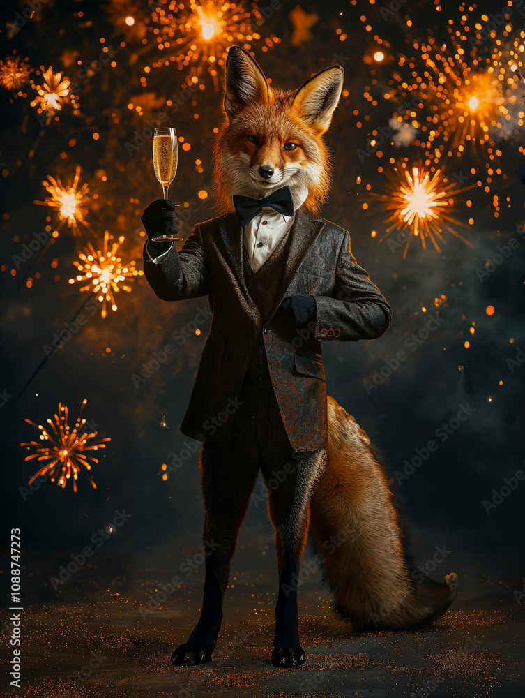 Obraz premium personnage de renard, en costume, qui tient une coupe de champagne pour souhaiter une bonne année