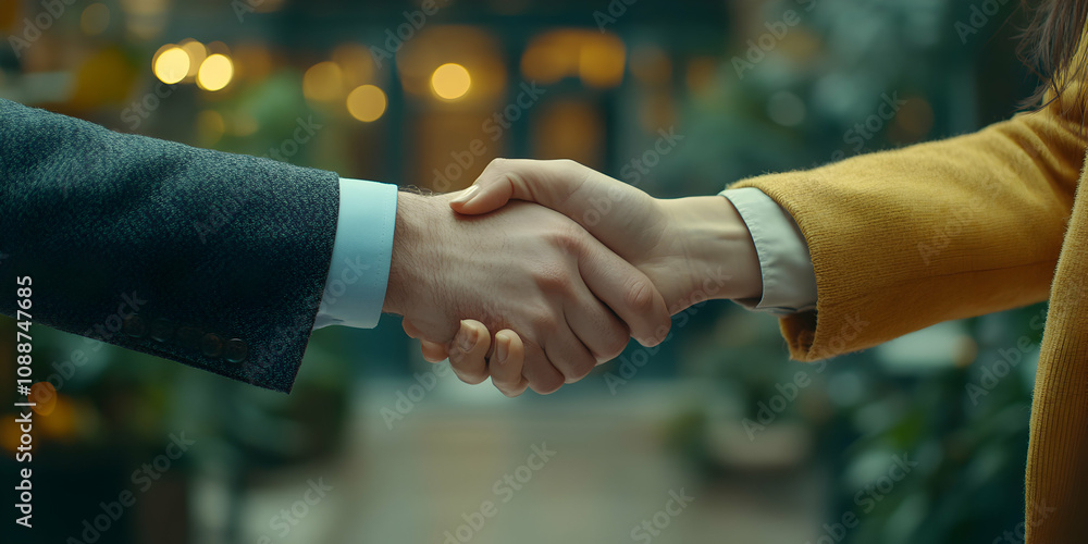 A Close-up of Two People Shaking Hands, with Blurred Background of Plants and Lights, Symbol of Agreement and Partnership