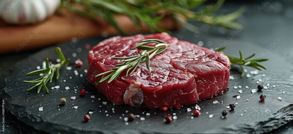 Fresh raw meat with rosemary on dark background. Fresh raw meat with rosemary on dark background.