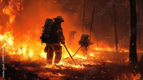 Wildfire fighters in action, battling flames with hoses and protective gear photo