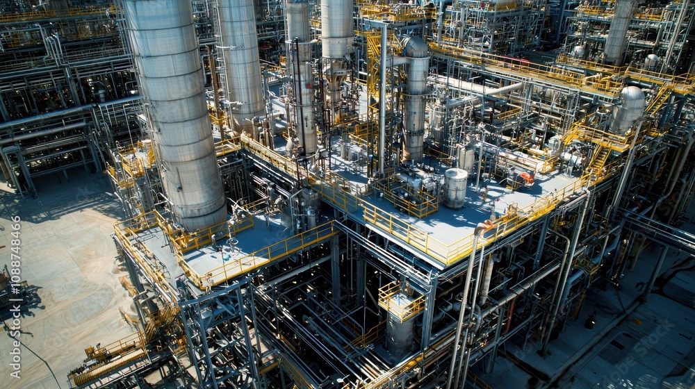 Aerial View of a Complex Industrial Plant with Extensive Pipelines, Storage Tanks, and Machinery for Processing in a Modern Facility Setting Aerial View of a Complex Industrial Plant with Extensive Pipelines, Storage Tanks, and Machinery for Processing in a Modern Facility Setting
