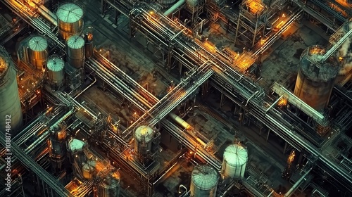 Aerial View of an Industrial Facility with Brightly Lit Pipelines and Machinery at Night, Highlighting Complex Structures and Vibrant Patterns