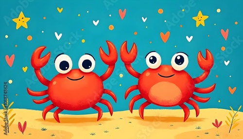 Happy Crab Friends High Five Ocean Scene Illustration