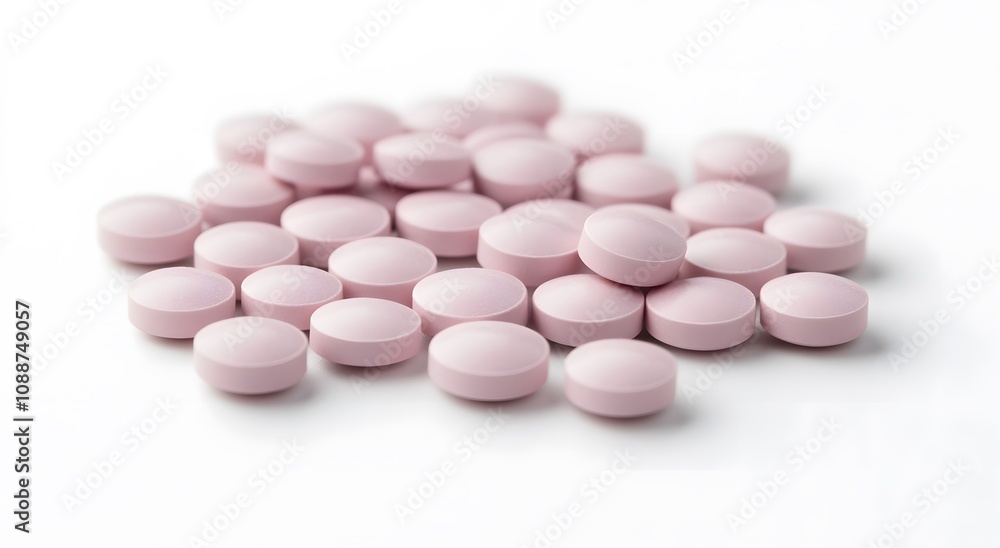 Close up together many pink round pills, all the same size and shape. Which highlights advanced drug technology with copy space Close up together many pink round pills, all the same size and shape. Which highlights advanced drug technology with copy space