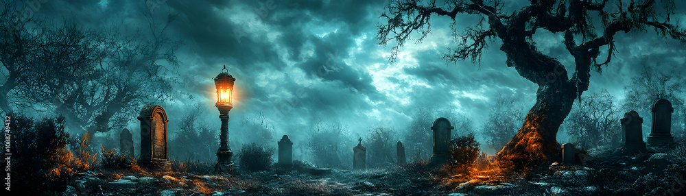 A Gloomy Graveyard Scene with a Single Lit Lantern, Illuminated by a Faint Moonlight Amidst a Dark and Stormy Sky A Gloomy Graveyard Scene with a Single Lit Lantern, Illuminated by a Faint Moonlight Amidst a Dark and Stormy Sky