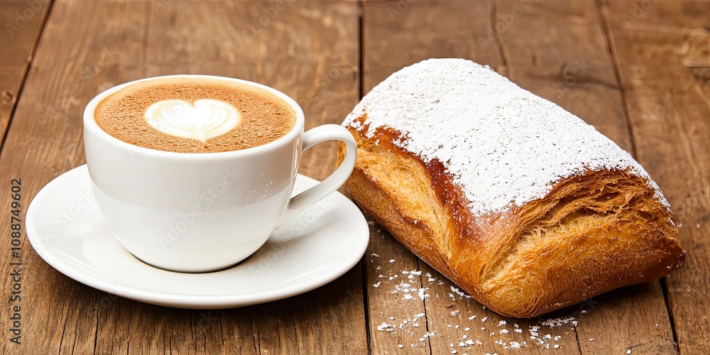 A cozy coffee cup with a heart-shaped foam design next to a delicious pastry, set on a rustic wooden table. A cozy coffee cup with a heart-shaped foam design next to a delicious pastry, set on a rustic wooden table.