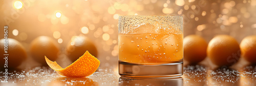 A refreshing citrus drink with ice, served in a glass with a sugared rim, with a piece of orange peel sitting on the table in front of it. photo