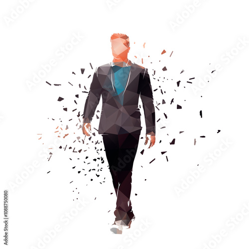 Business man walking, distorted isolated low polygonal vector illustration, front view. Male fashion model in suit