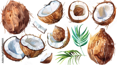 Coconut Watercolor Illustration Set Isolated on White Background