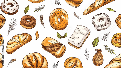 Colorful Sketchy Bread and Bakery Seamless Pattern