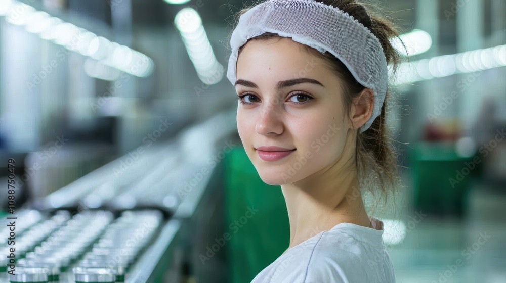 Young female worker with hairnet smiling in a clean industrial factory setting, showcasing modern manufacturing environment with bright lighting and organized workflow Young female worker with hairnet smiling in a clean industrial factory setting, showcasing modern manufacturing environment with bright lighting and organized workflow