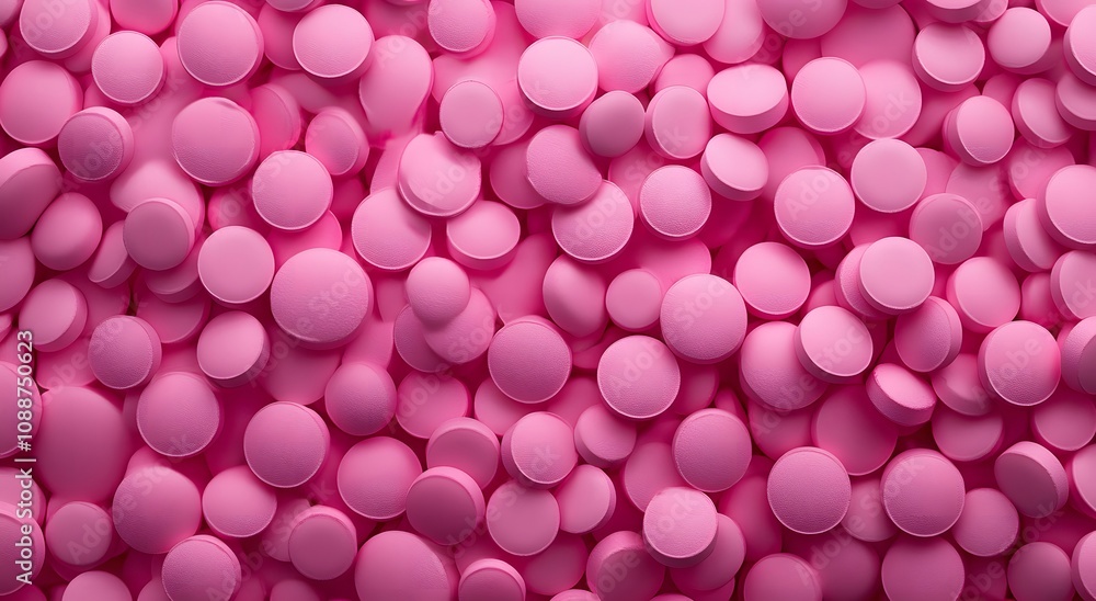 Close up together many pink round pills, all the same size and shape. Which highlights advanced drug technology with copy space Close up together many pink round pills, all the same size and shape. Which highlights advanced drug technology with copy space