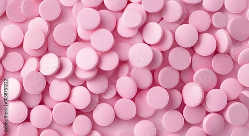 Close up together many pink round pills, all the same size and shape. Which highlights advanced drug technology with copy space