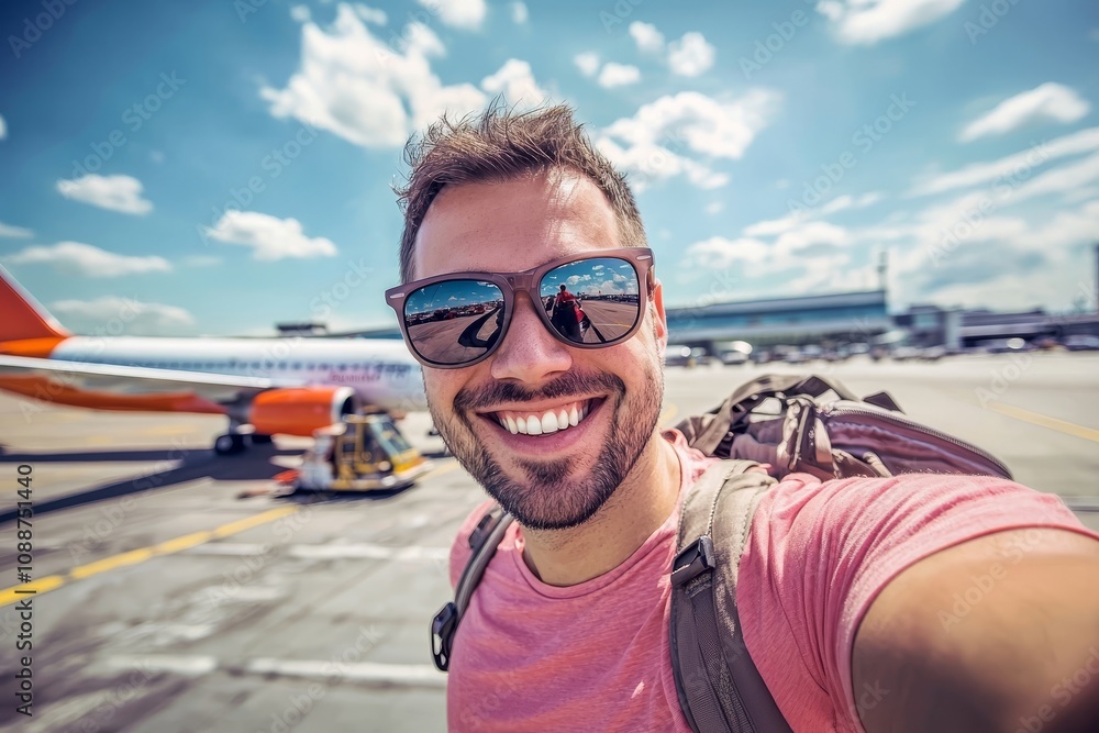 A young smiling man is taking a selfie with a smart phone in front of an air plane, travel lifestyle and vacation concept A young smiling man is taking a selfie with a smart phone in front of an air plane, travel lifestyle and vacation concept