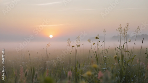 Misty Morning Meadow with Grass and Wild Flowers at Sunrise or Dusk, Pastel Nature Colors and Hues, Tranquil Serene Rural Life Atmosphere