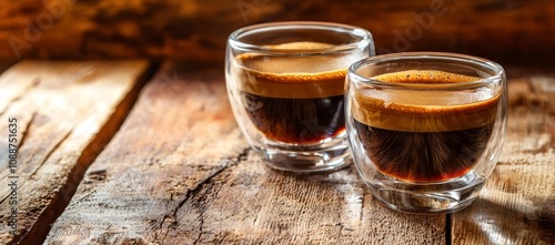 On a wooden table, two glass cups of espresso, caffe crema are displayed photo