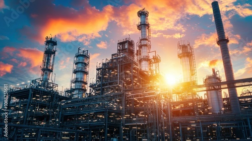 Industrial Complex with Dramatic Sunset Sky, Showcasing Various Structures and Smokestacks, Emitting Steam and Light Displays in the Evening Atmosphere